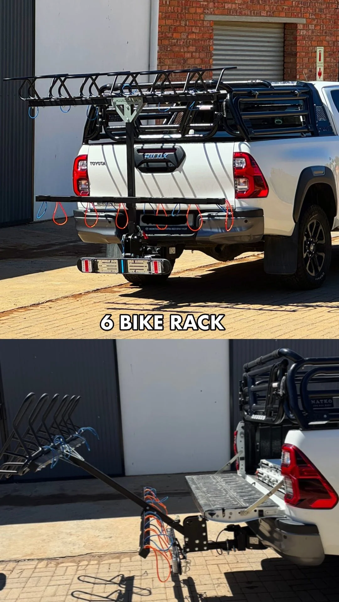 A white pickup truck equipped with a 6-bike rack on its rear. The rack is folded out in the first image and folded down in the second, showing the bike supports and orange straps.