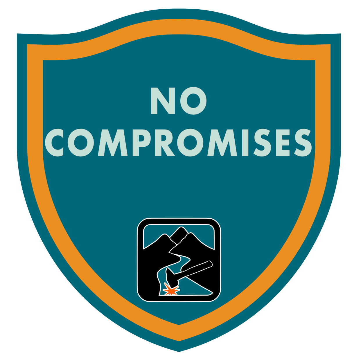 A blue shield-shaped emblem with an orange border, displaying the phrase 'NO COMPROMISES' and a black and white mountain and river icon with a hammer striking a road flare.