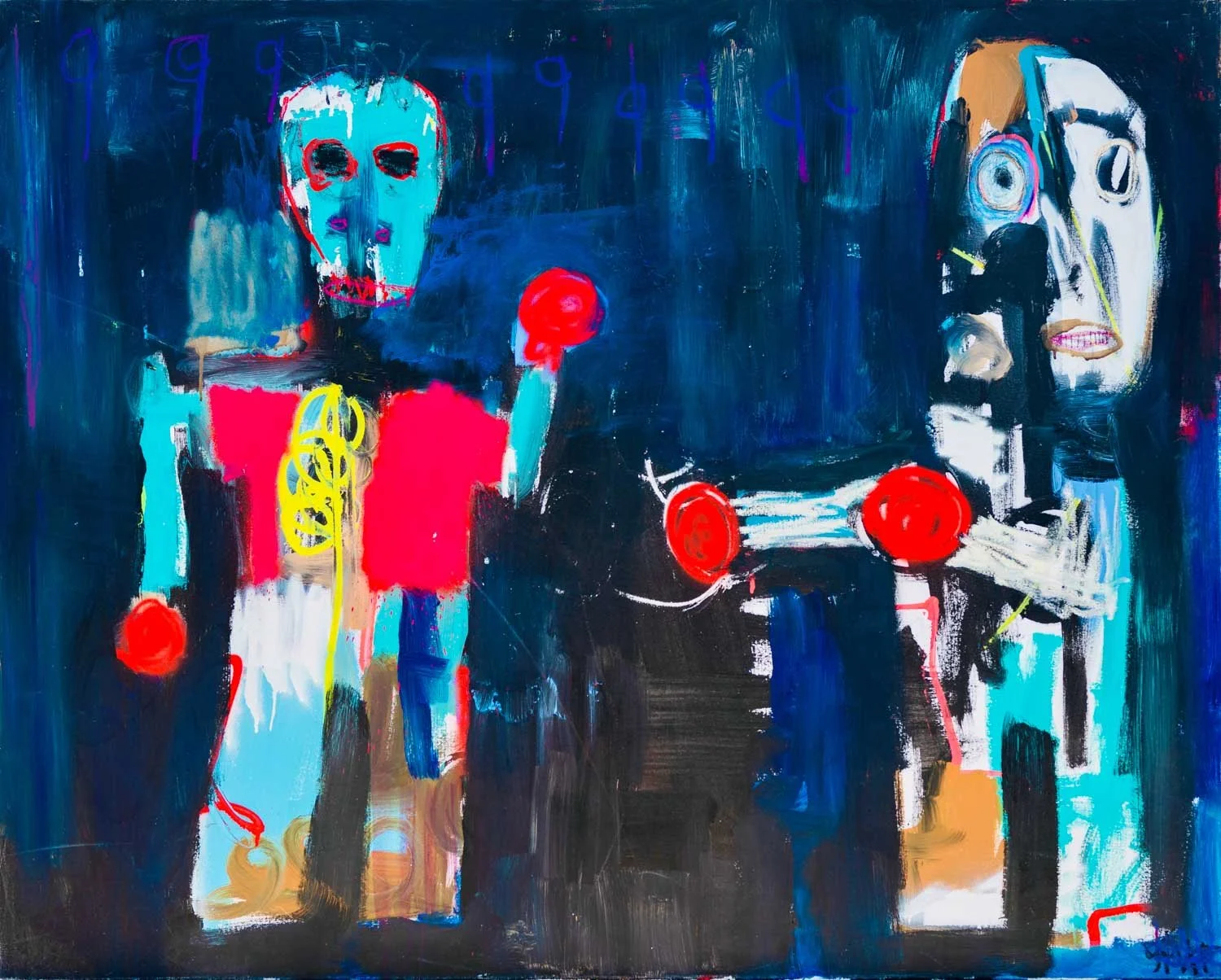 Abstract painting with two ghost-like figures boxing against a dark blue background.