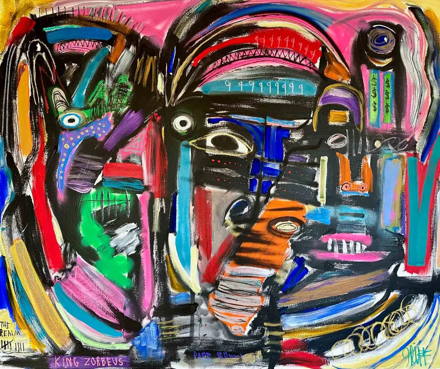 Abstract colorful painting of a face with exaggerated features, using bold strokes and a vibrant palette of pink, blue, green, red, black, yellow, orange, and purple.