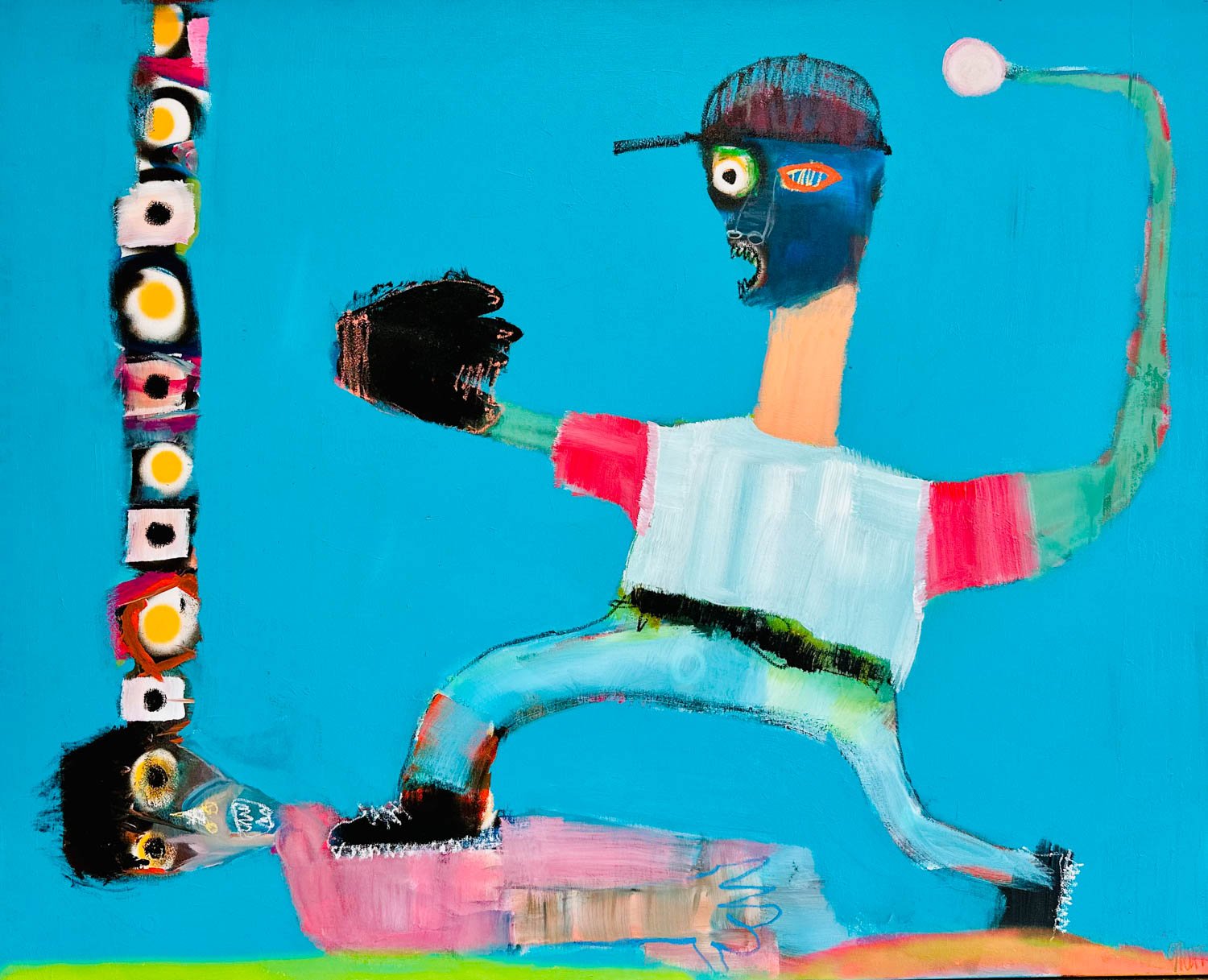 Abstract painting of a person with exaggerated features, wearing a white t-shirt with pink sleeves, bending forward with one arm extended and the other raised. The face has mismatched eyes and a mouth with visible teeth, wearing a cap. The background is blue, and there are colorful, abstract details on the left side and on the person's body.