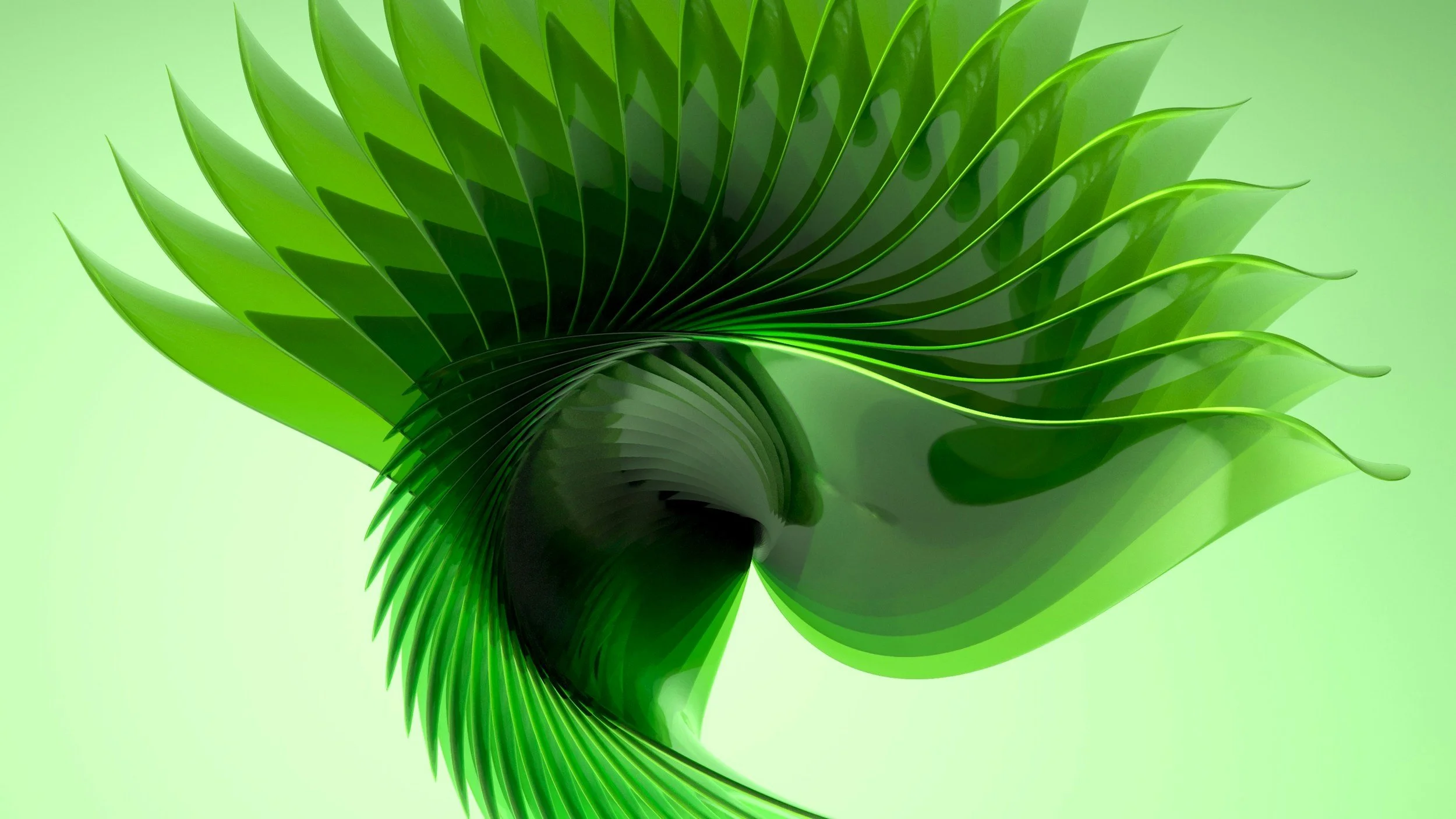 Abstract digital artwork of a green spiral structure with curved, leaf-like shapes radiating outward on a light green background.