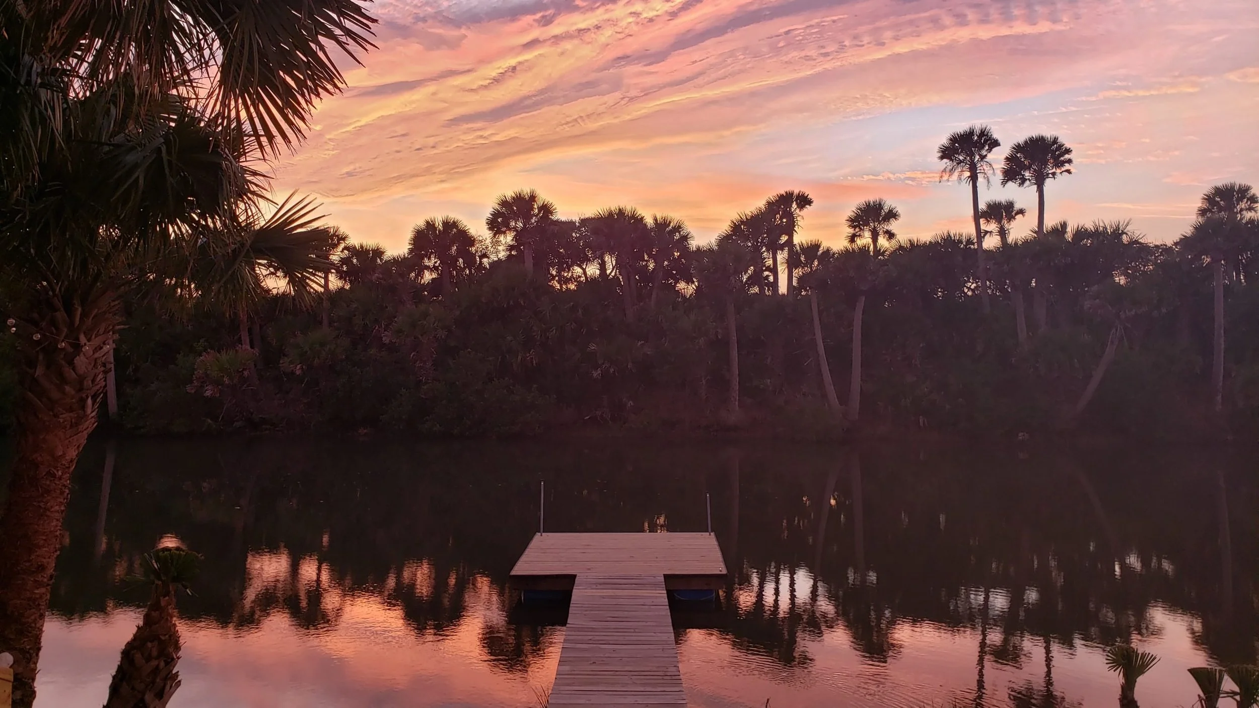 Sunset over a pond with a wooden dock, surrounded by palm trees and tropical foliage, reflecting vibrant pink and orange sky.