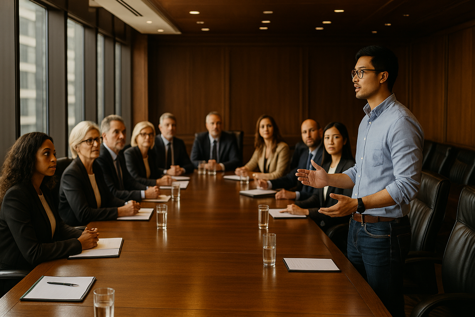 A man giving a presentation or speech to a group of eight diverse professionals seated at a long conference table in a wood-paneled room with large windows.