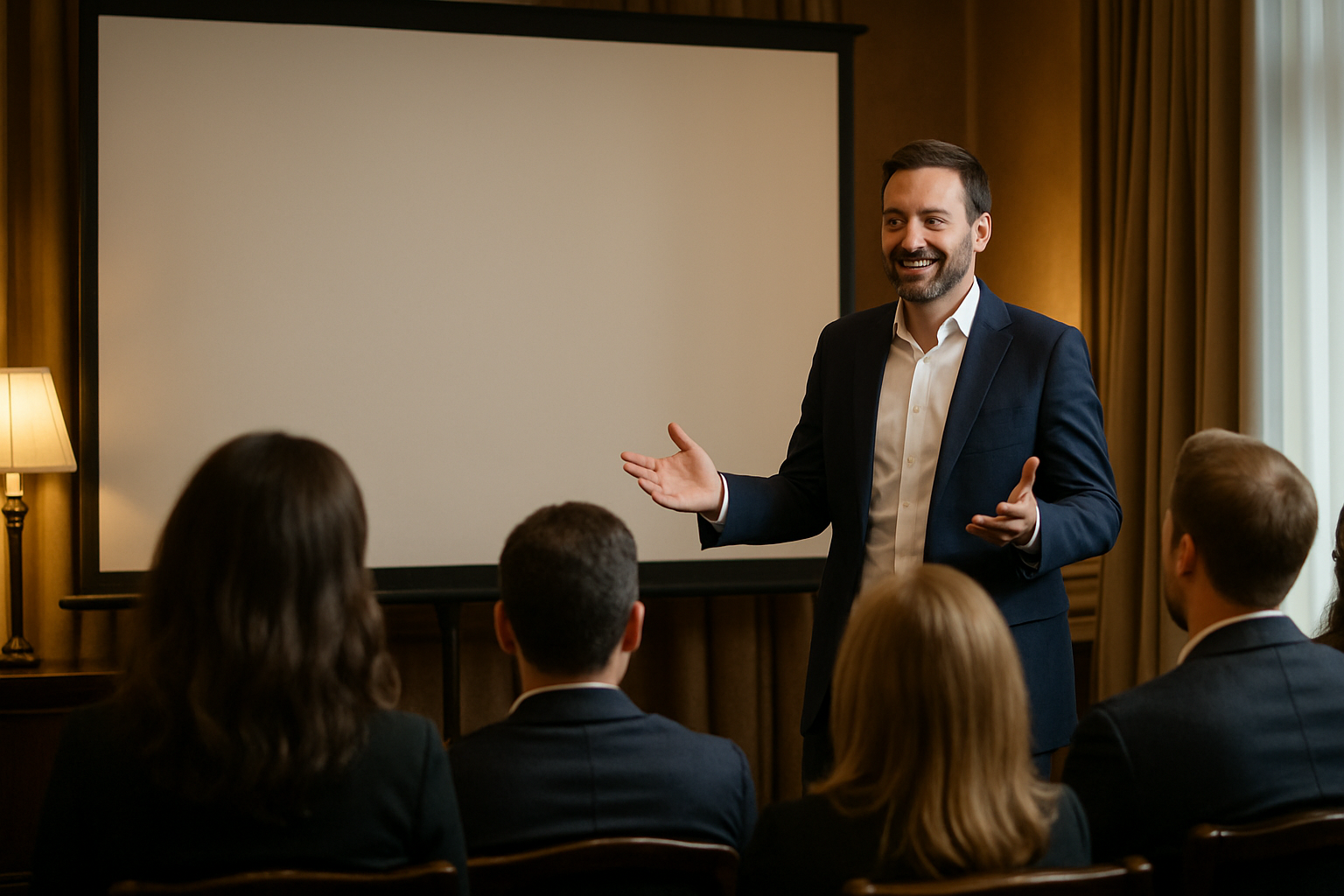A man in a navy suit giving a presentation to a group of people in a conference room with a blank projection screen behind him.