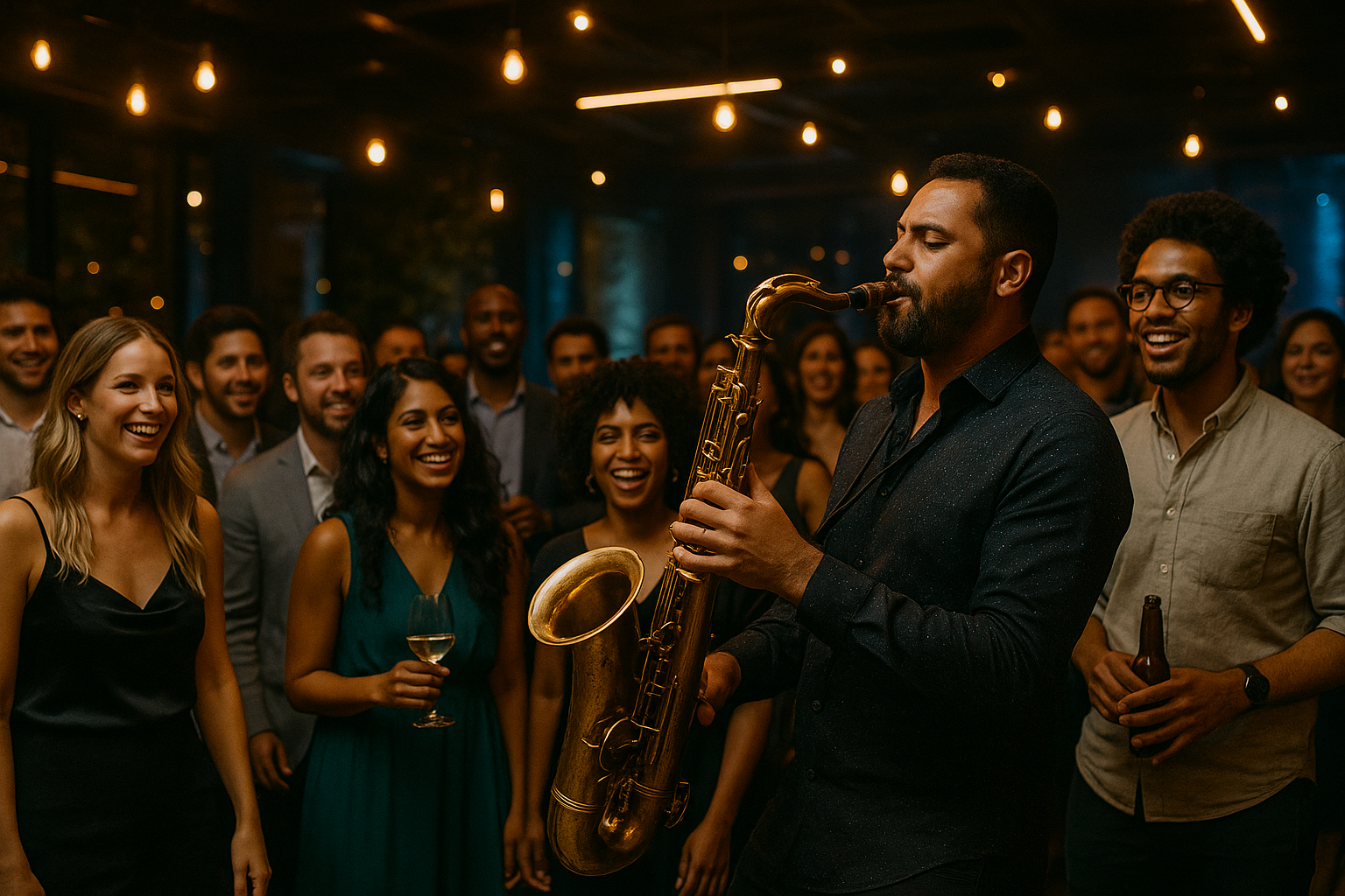 A man playing saxophone at a party or event with a group of people enjoying and smiling around him, in a dimly lit indoor setting.