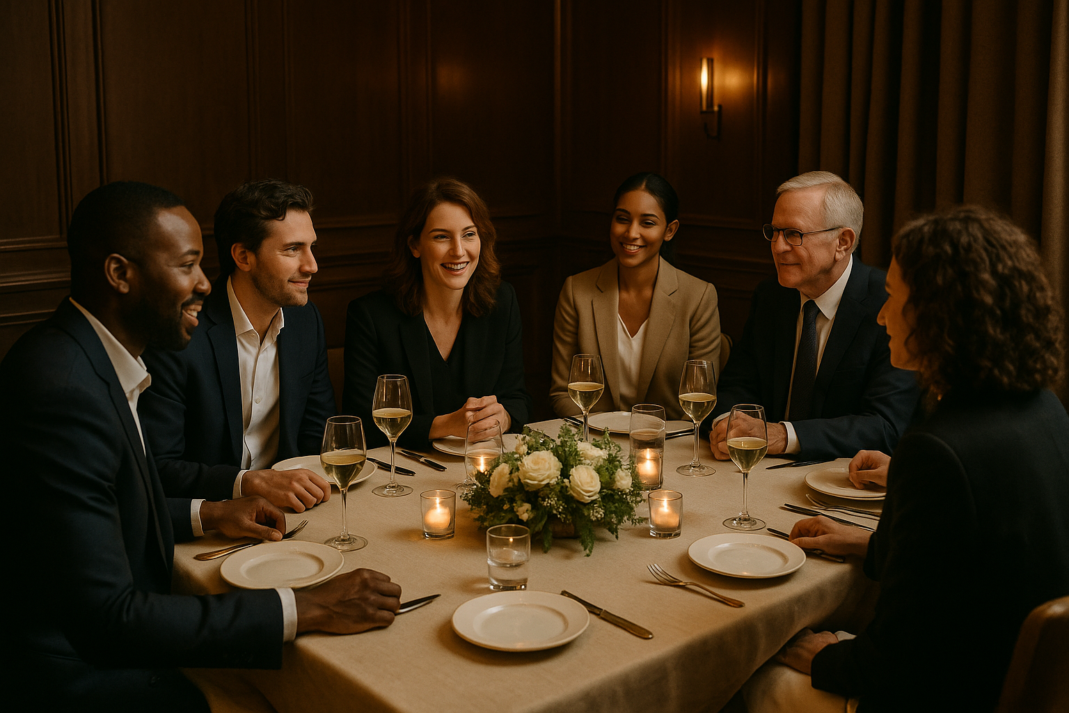 A diverse group of seven people in formal attire enjoying a dinner conversation at a round table with candles, wine glasses, and a floral centerpiece in an elegant dining room.