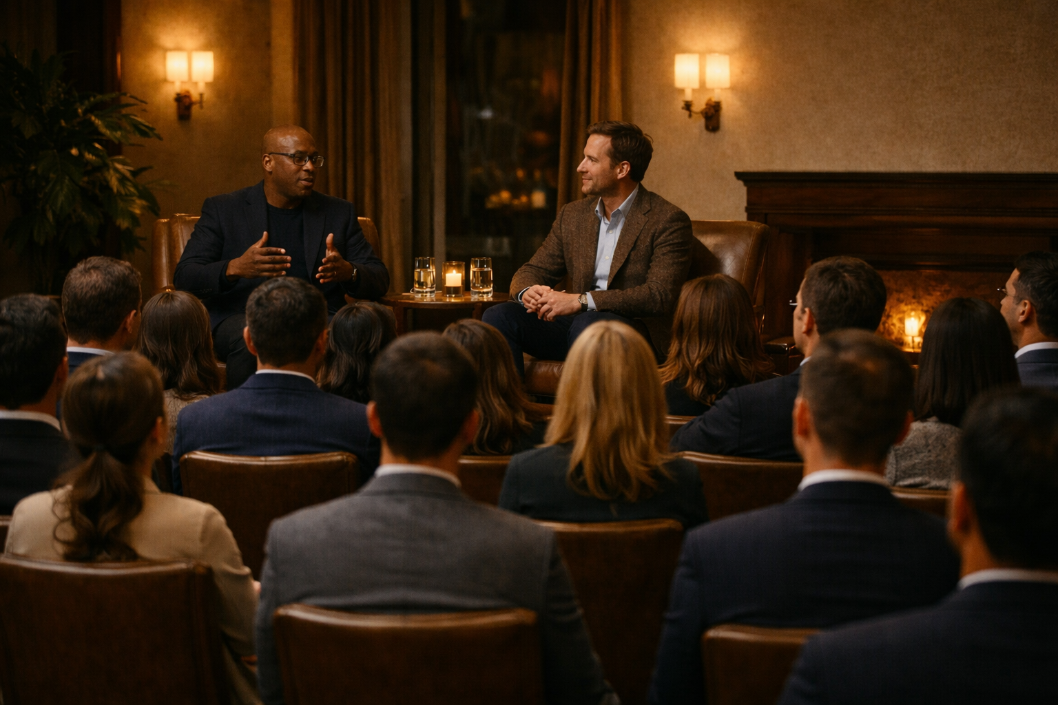 A man in a navy suit giving a presentation to a group of people in a conference room with a blank projection screen behind him.
