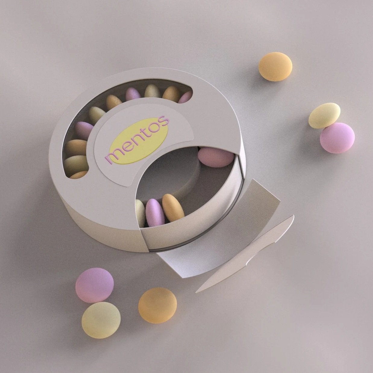 An open round container with pastel-colored candy-coated almonds spilling out, labeled 'mentos' on the lid, with some almonds scattered on a light gray surface.