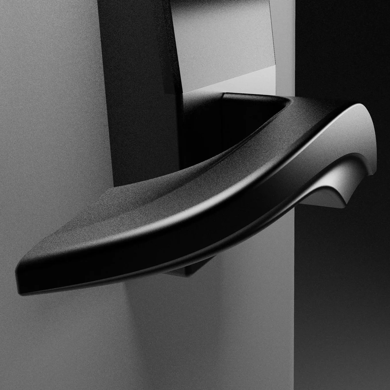 Close-up of a modern black and gray door handle on a gray door with a dark background.