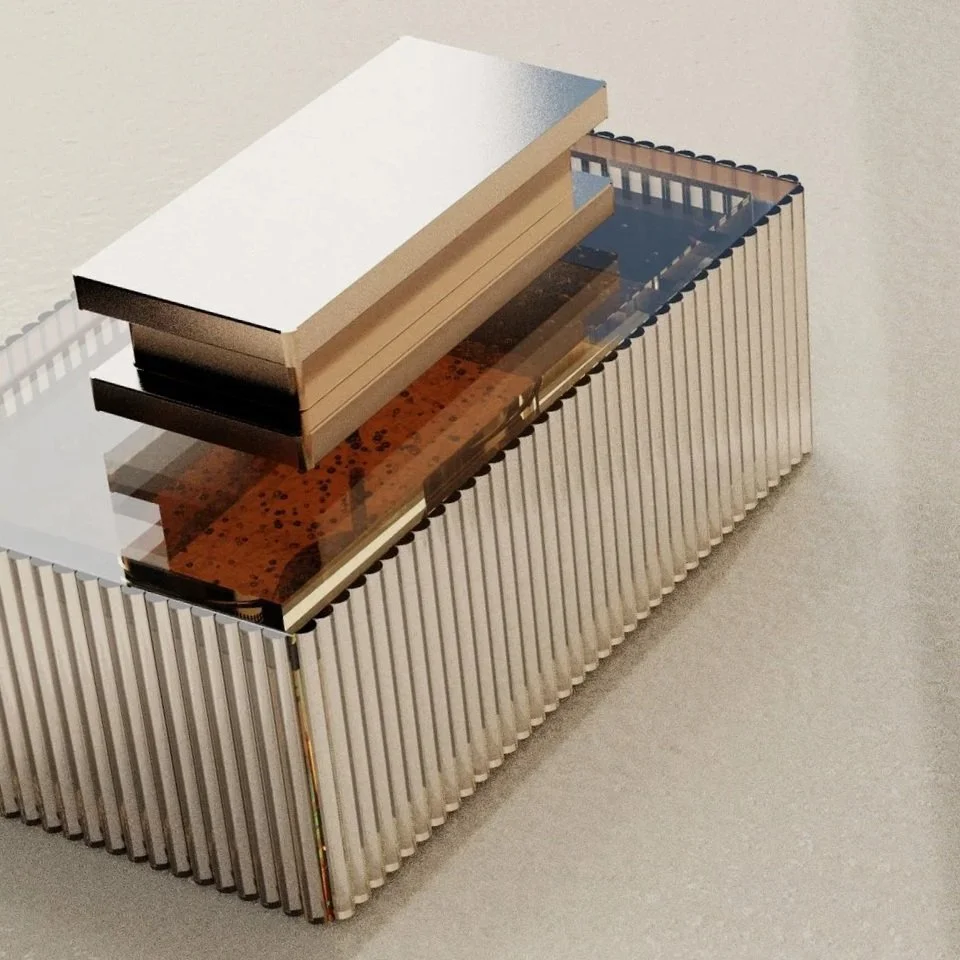 Modern coffee table made of metallic and glass materials with a rectangular shape and vertical ridges on the sides.
