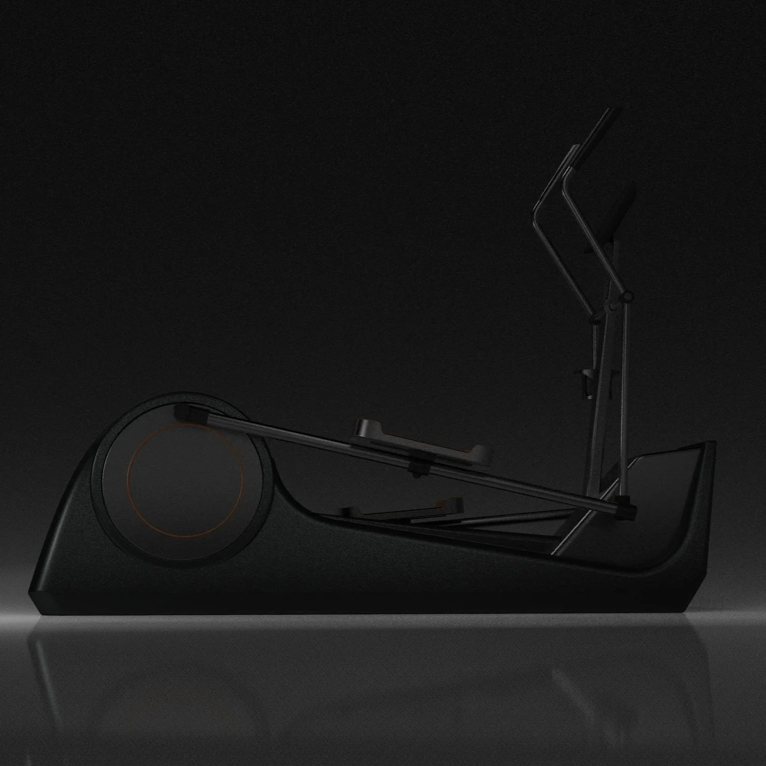 A black rowing machine against a dark background with minimal lighting, highlighting its sleek design and structure.