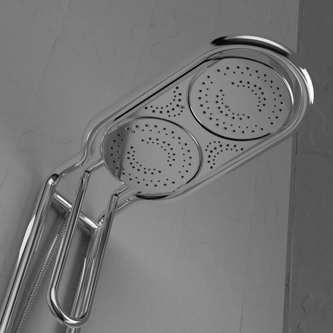 A metal multi-level steamer with two round steaming trays on a tiled floor.