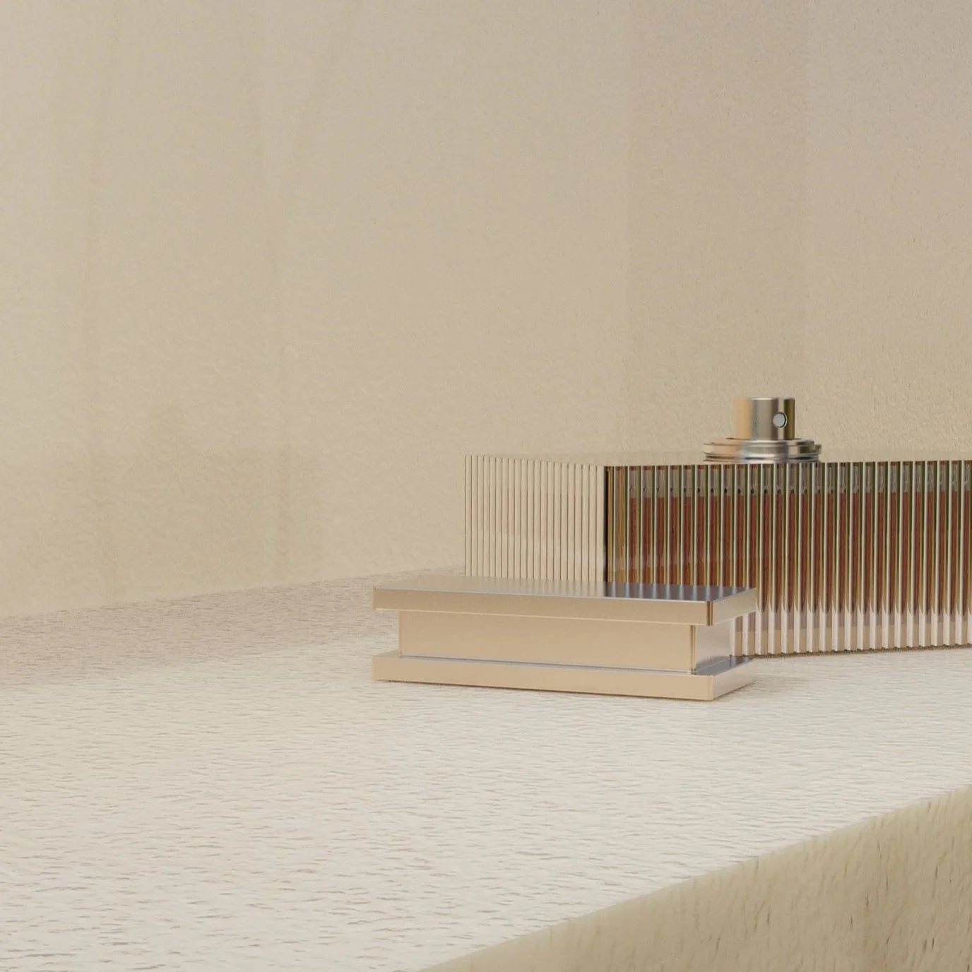 Modern decorative perfume bottle with geometric design on a white textured surface.