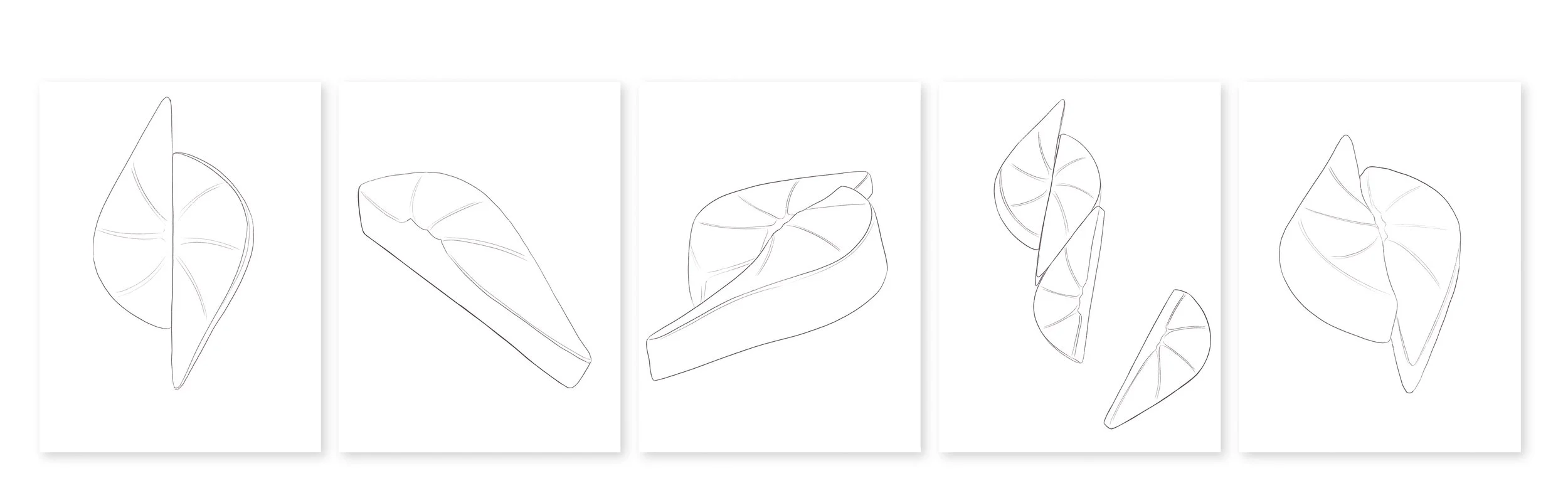 Line drawing of lemon slices in different shapes and arrangements on a white background.