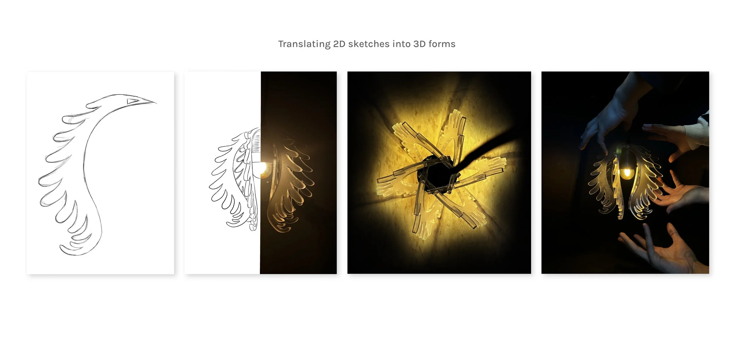 Sequence showing a 2D sketch of a dragon transforming into a 3D light fixture, with hands assembling the fixture in the final step.