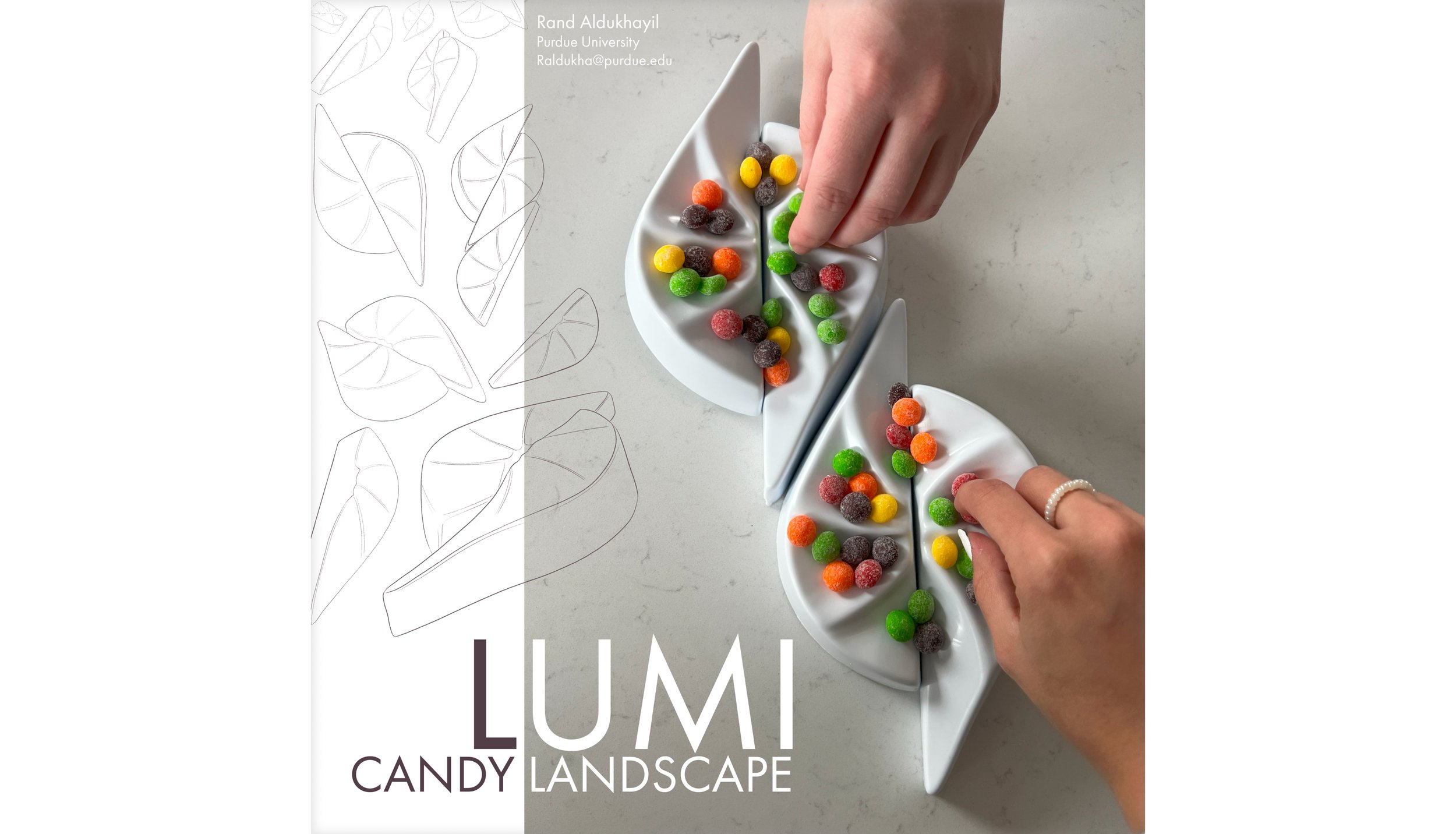 Two white ceramic dishes shaped like leaves with colorful gumdrop candies, being arranged on a white surface by two hands, one with a ring and the other with a pearl bracelet. A semi-transparent overlay on the left features a line drawing of leaves, and the bottom left corner displays the text "LUMI CANDY LANDSCAPE."