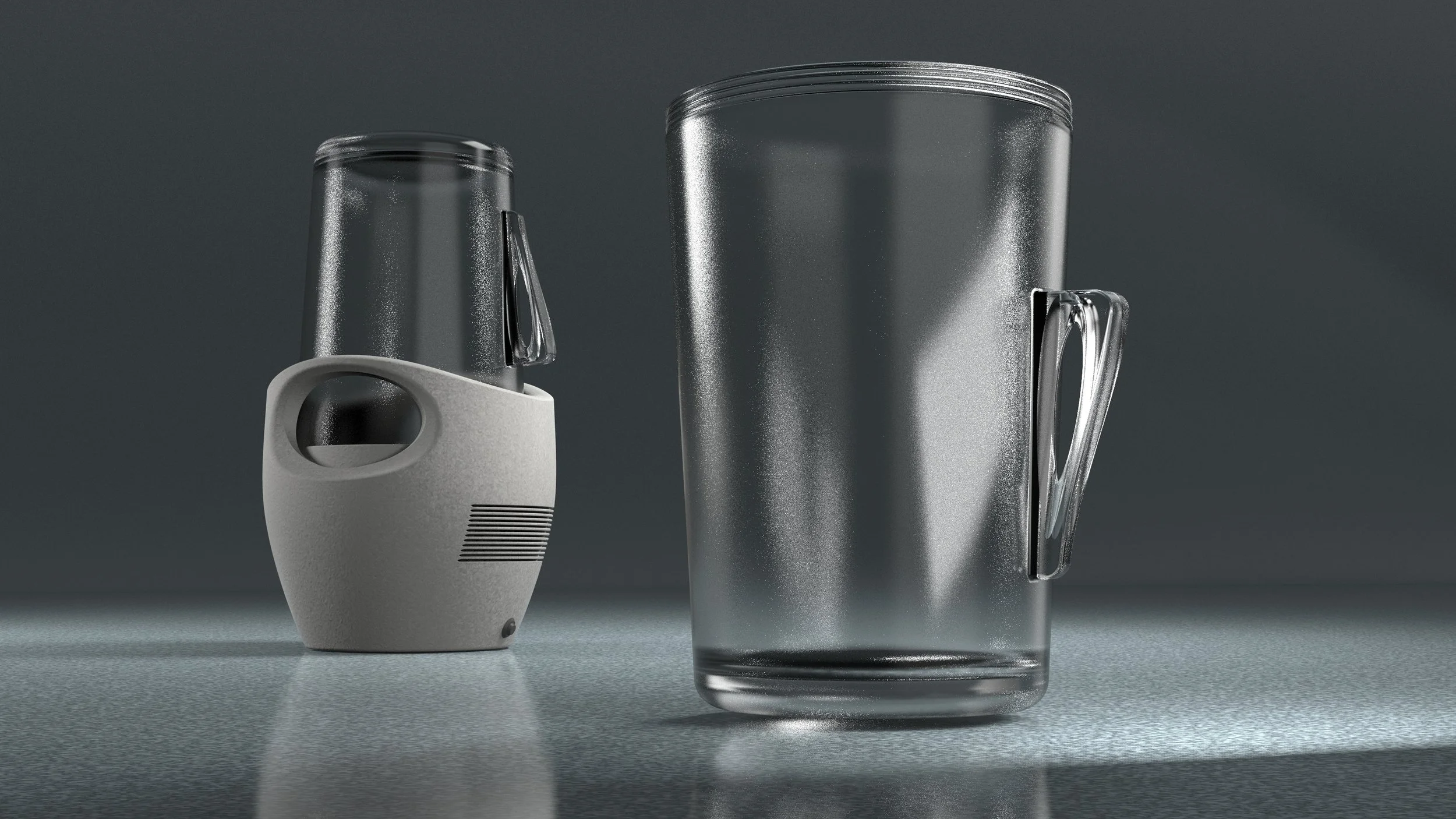 A modern white and gray vacuum cleaner and a transparent glass with a black handle, both placed on a reflective surface against a gray background.