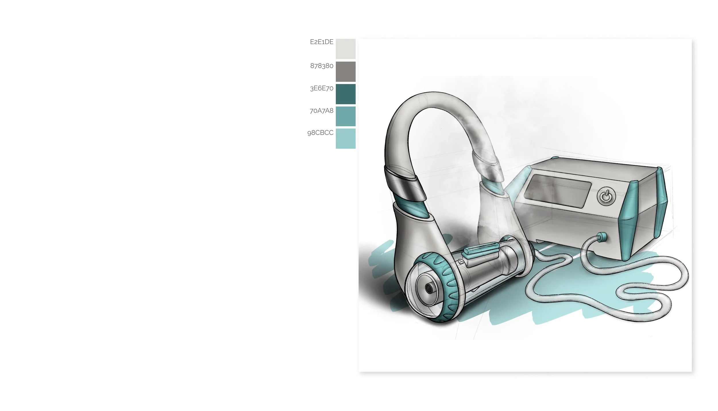 A medical device with a handheld scanner connected to a rectangular control unit via a flexible tube, all in shades of gray, teal, and light blue.