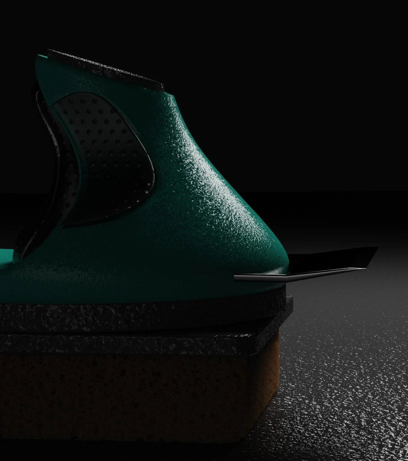 A close-up of a modern, sleek green and black iron on a textured surface with a dark background.