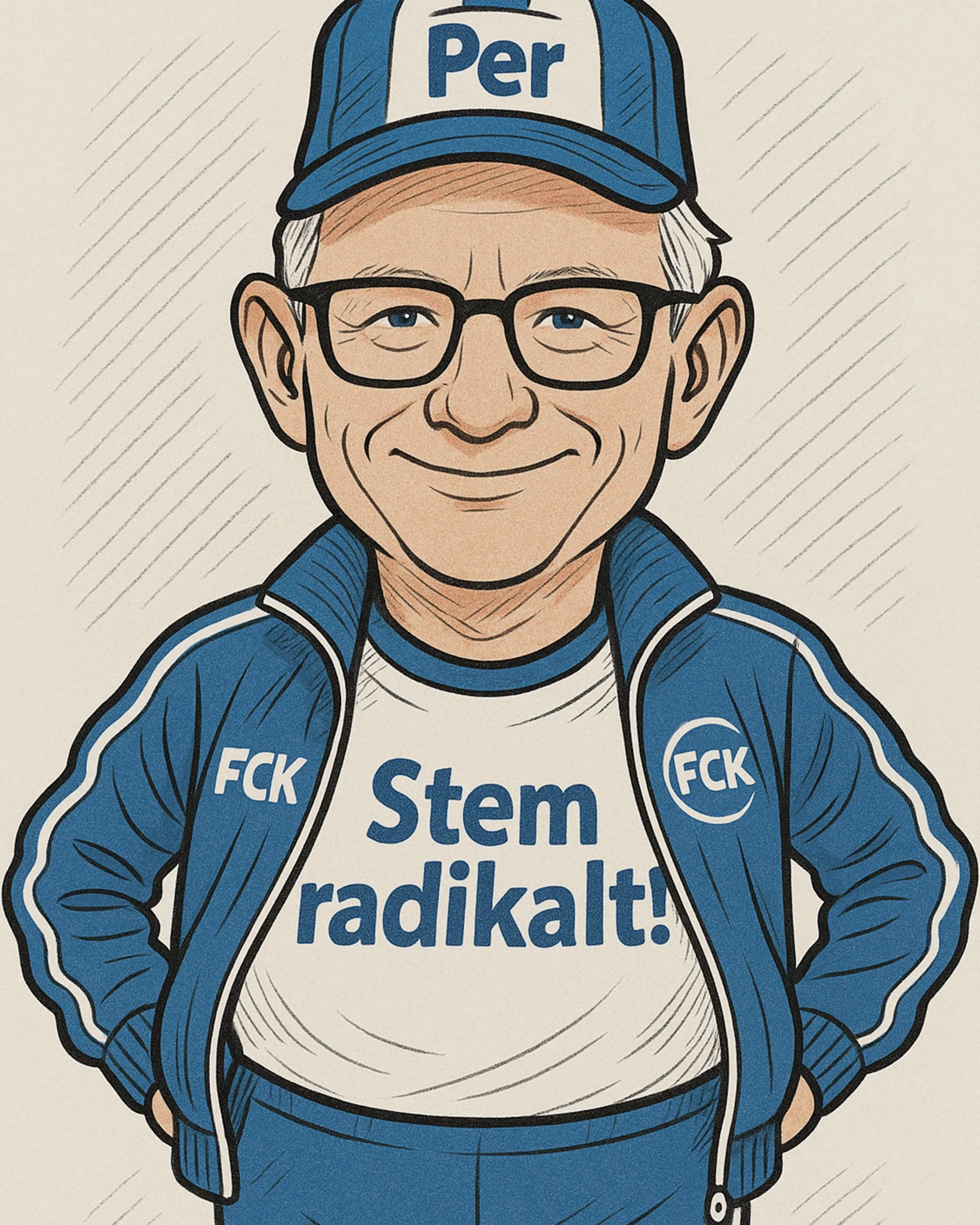 Cartoon illustration of a man wearing glasses, a blue cap, and a blue jacket with slogan 'Stem radikalt!' on a white t-shirt, with a smile and hands in pockets.