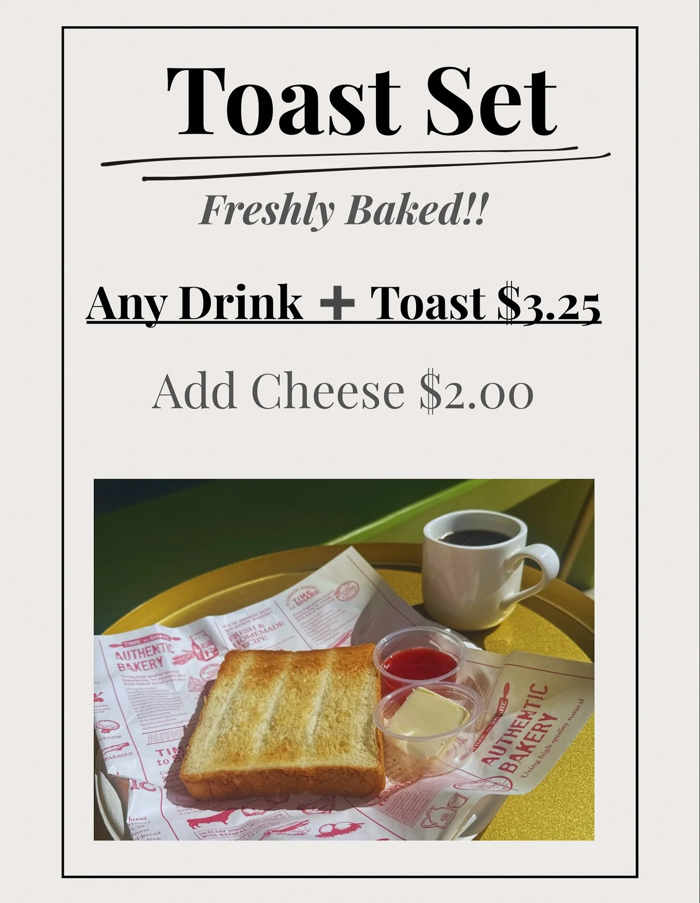.
Start your day right! 🍞✨
Try our Toast Set is a thick, warm slice of bread, whipped butter, and our fruity homemade jam.
.
Add it for just $3.25 when you grab any coffee or drink. Perfect with your morning latte! ☕💛
.
.
#breakfastatchantilly#Morn