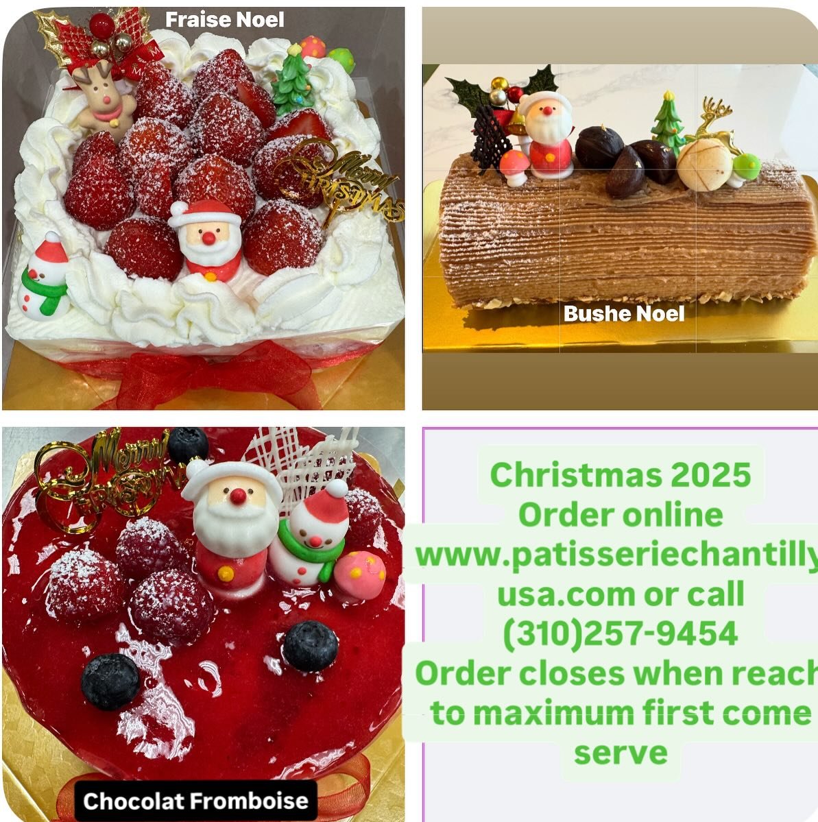 We are taking Christmas Cake Order with limited quantities.  Online orders available by 11/29/25.  Three special cakes are offered in standard size 16cm this year.