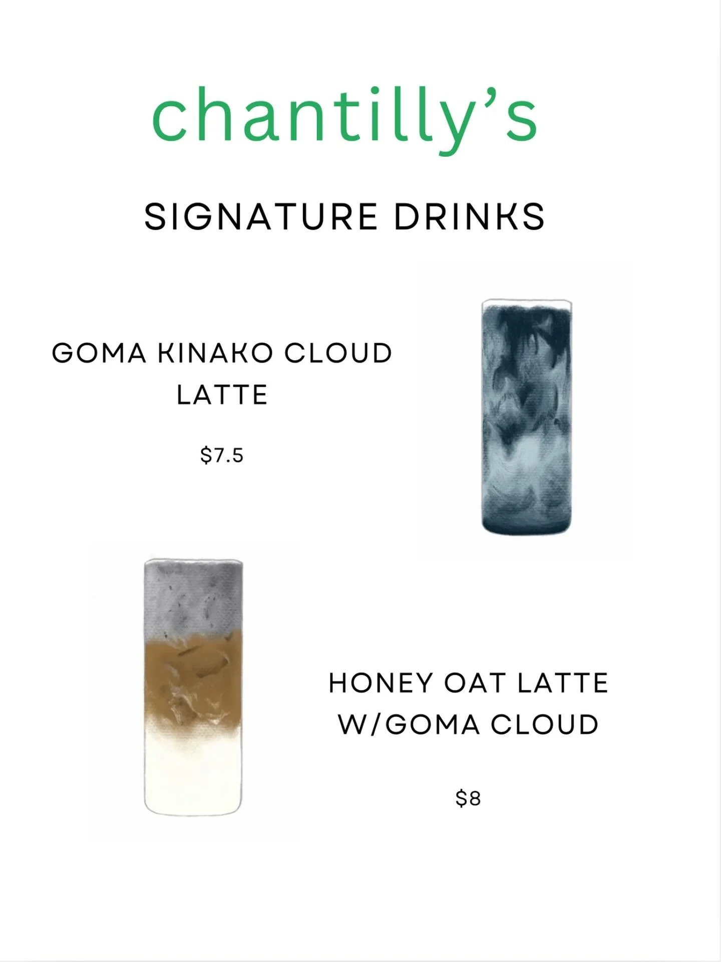 Our Black sesame Kinako  Cloud Latte and Honey Oat Goma ( with coffee) is ready to serve at Patisserie Chantilly, Lomita! Available in hot and iced..