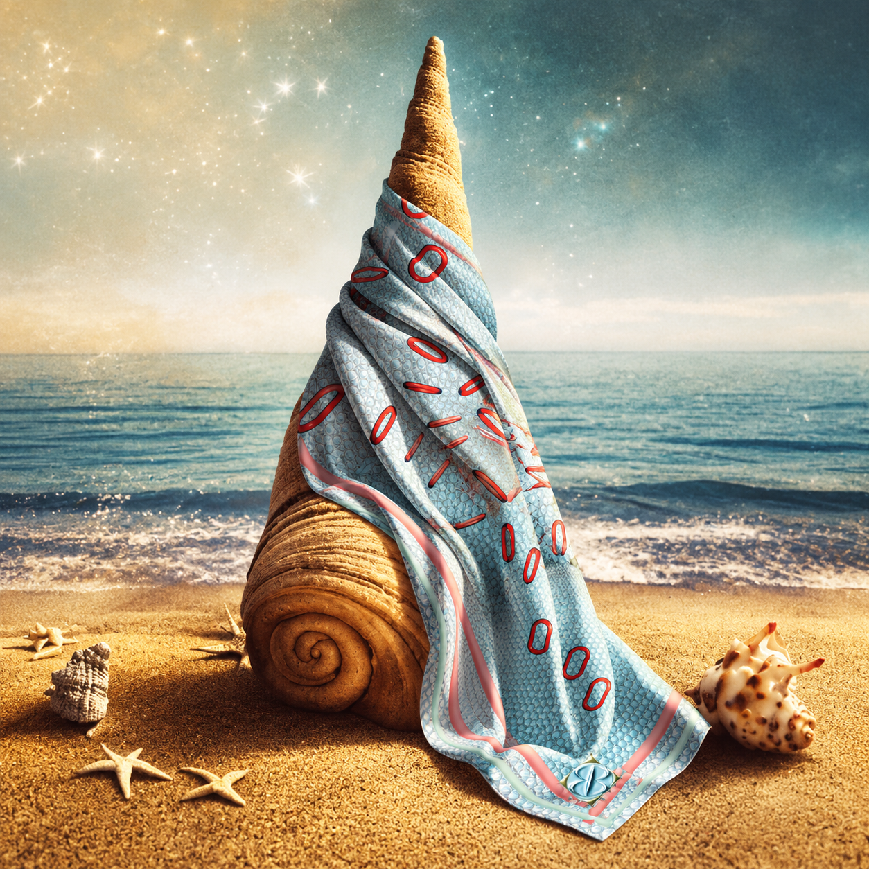 Foulard in seta drappeggiato su grande conchiglia in riva al mare sotto cielo stellato