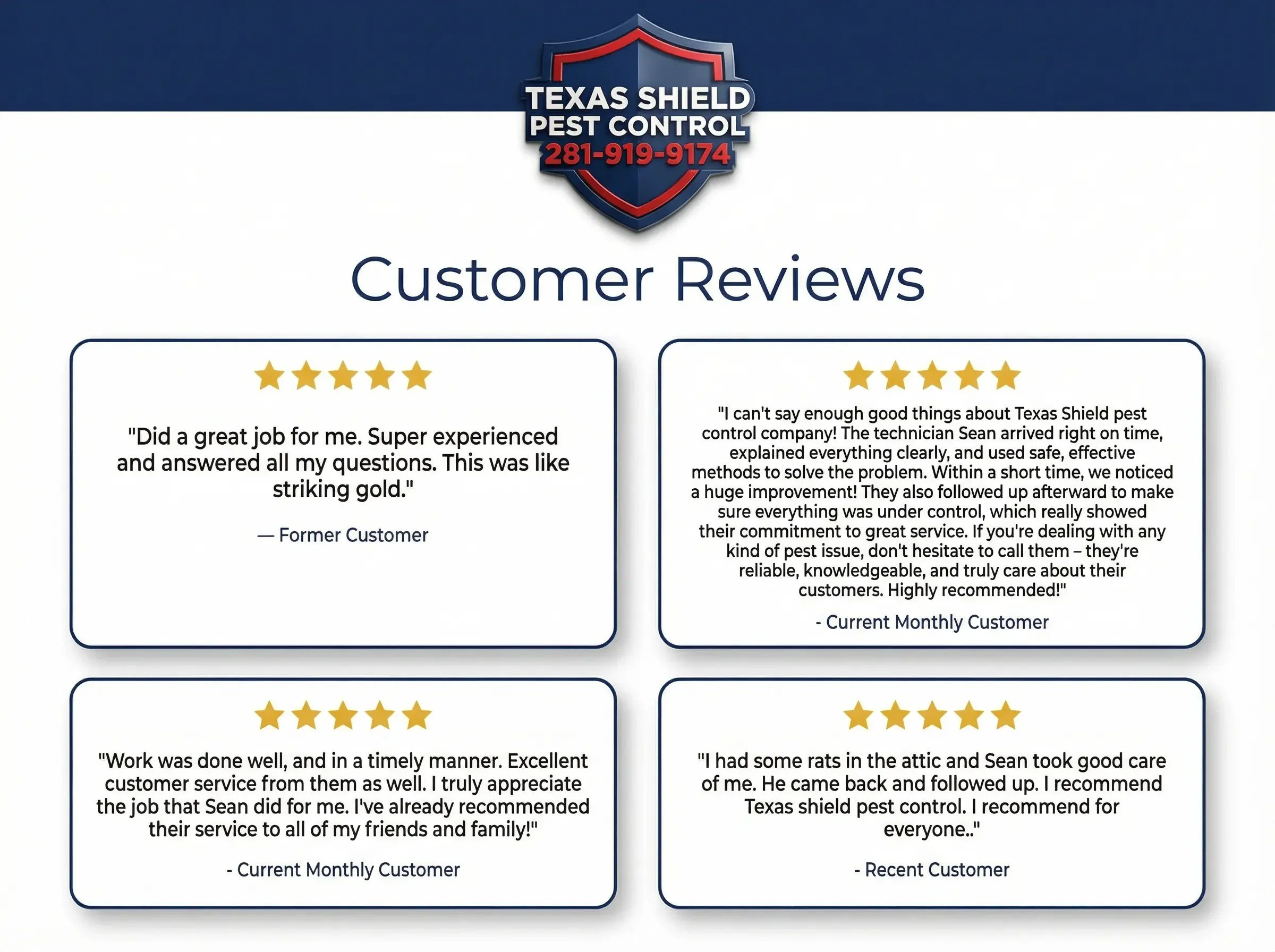 Customer reviews section for Texas Shield Pest Control featuring four five-star reviews, with the company logo at the top.
