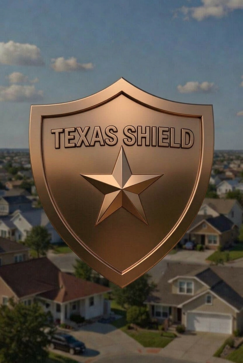 A large emblem with the words 'Texas Shield' and a star, hovering over a neighborhood of houses with blue skies and some clouds in the background.