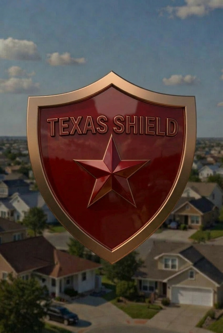 A Texas Shield badge with a star in the center, set against a suburban neighborhood with houses and a blue sky with clouds.