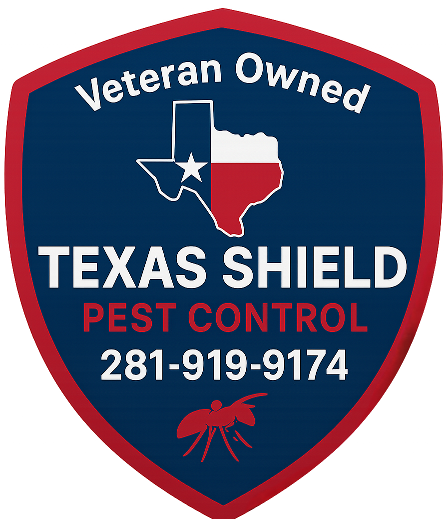 Texas Shield Pest Control veteran‑owned badge with Texas map and phone number.