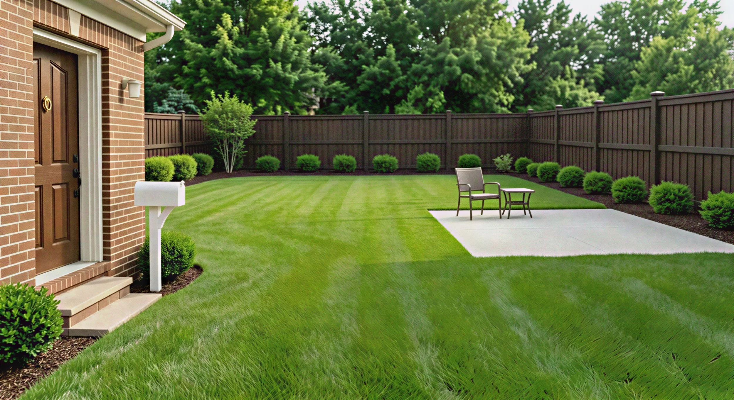 Backyard with green grass, a patio with outdoor chair and small table, dark brown fence, and well-manicured bushes along the fence line. Part of a brick house with a brown front door and mailbox