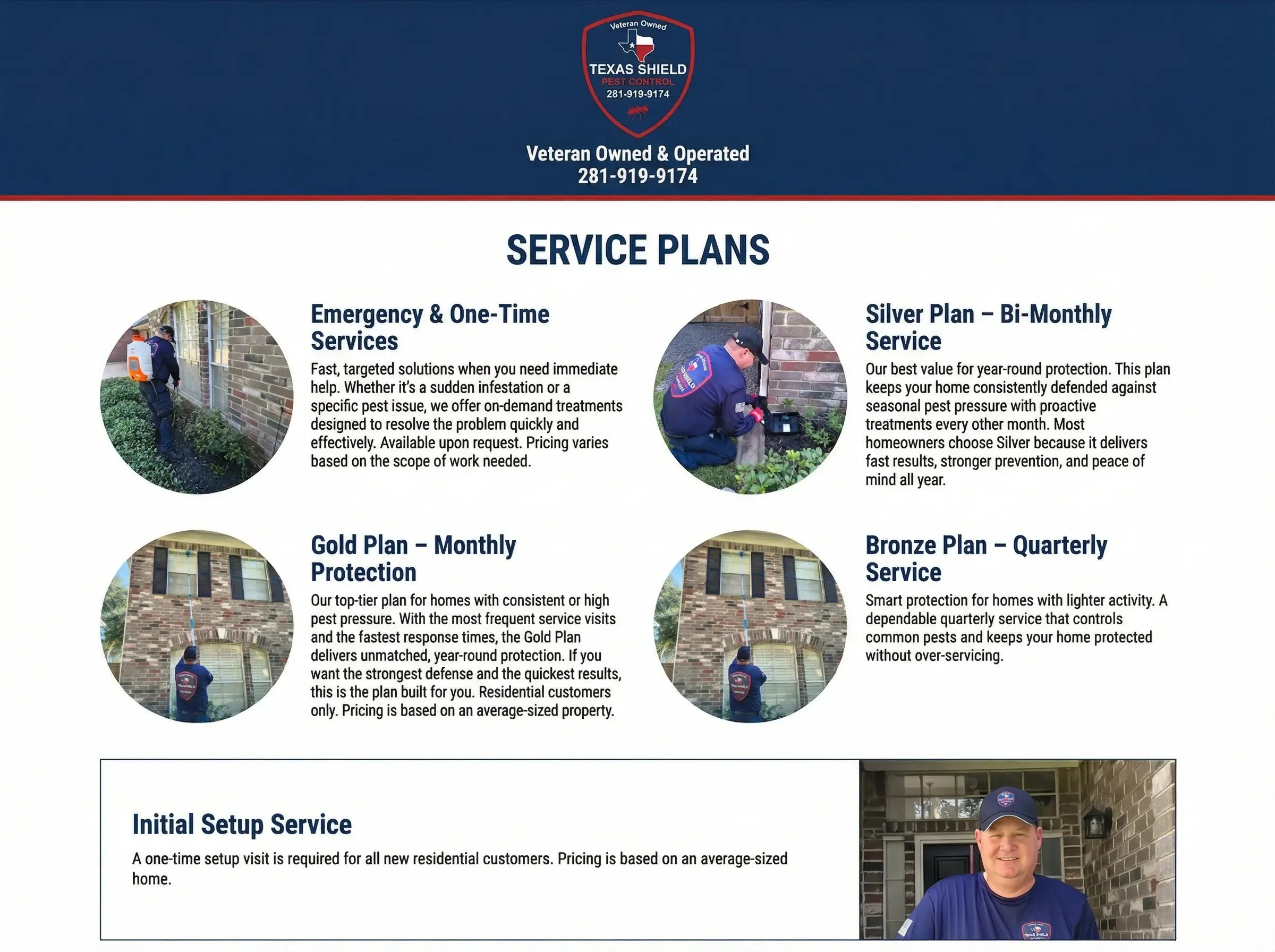 Service plans offered by Texas Shield pest control, including emergency and one-time services, silver bi-monthly service, gold monthly protection, and bronze quarterly service. The image shows a man in a uniform and cap with the company's logo, inspecting the exterior of a house, and a photo of the same man standing at the front door.