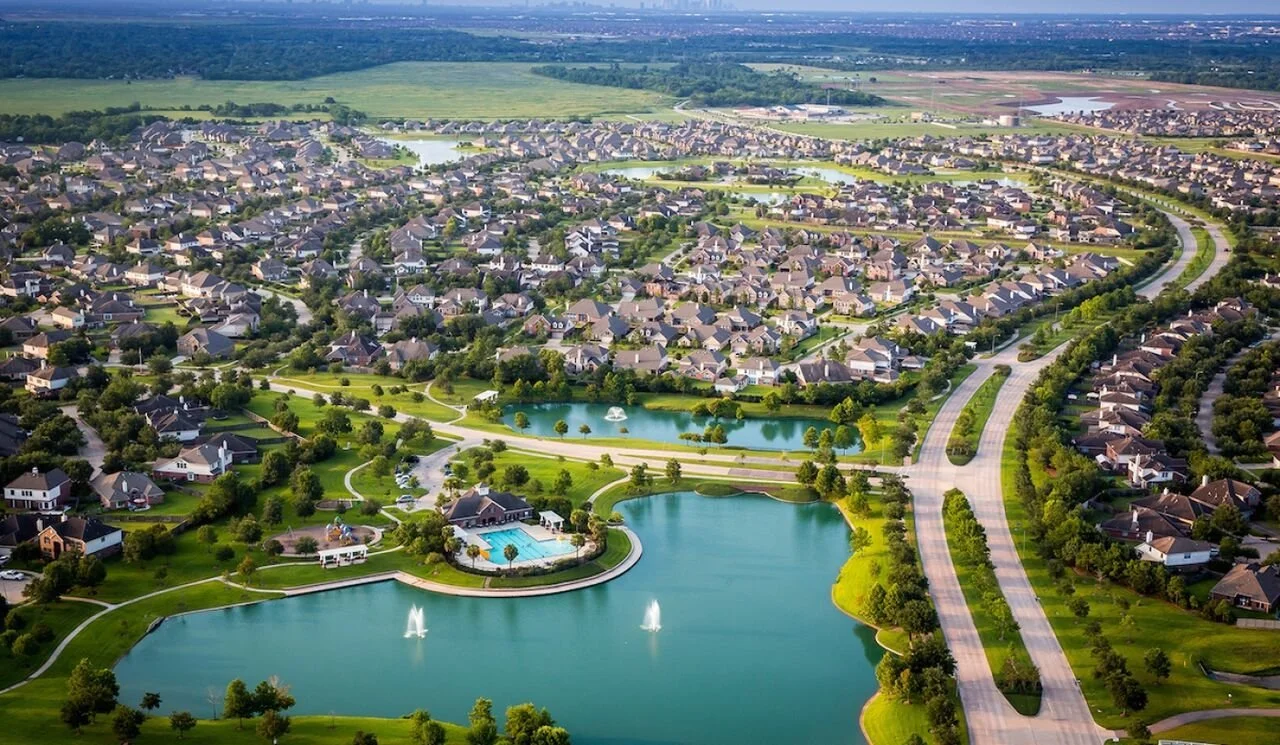 Aerial view of a Fort Bend County neighborhood served by Texas Shield Pest Control.
