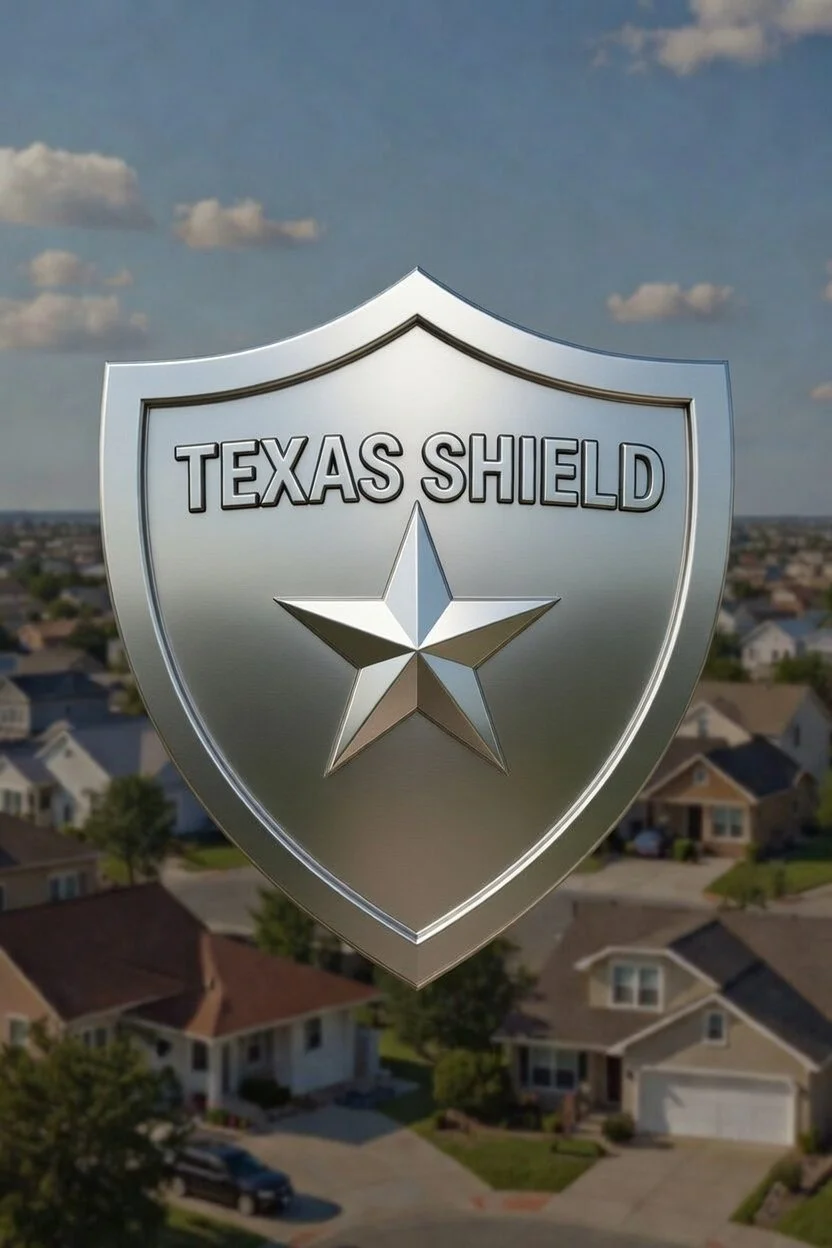 A metallic shield emblem with the words 'Texas Shield' and a star, superimposed over a suburban neighborhood with houses and a cloudy sky.