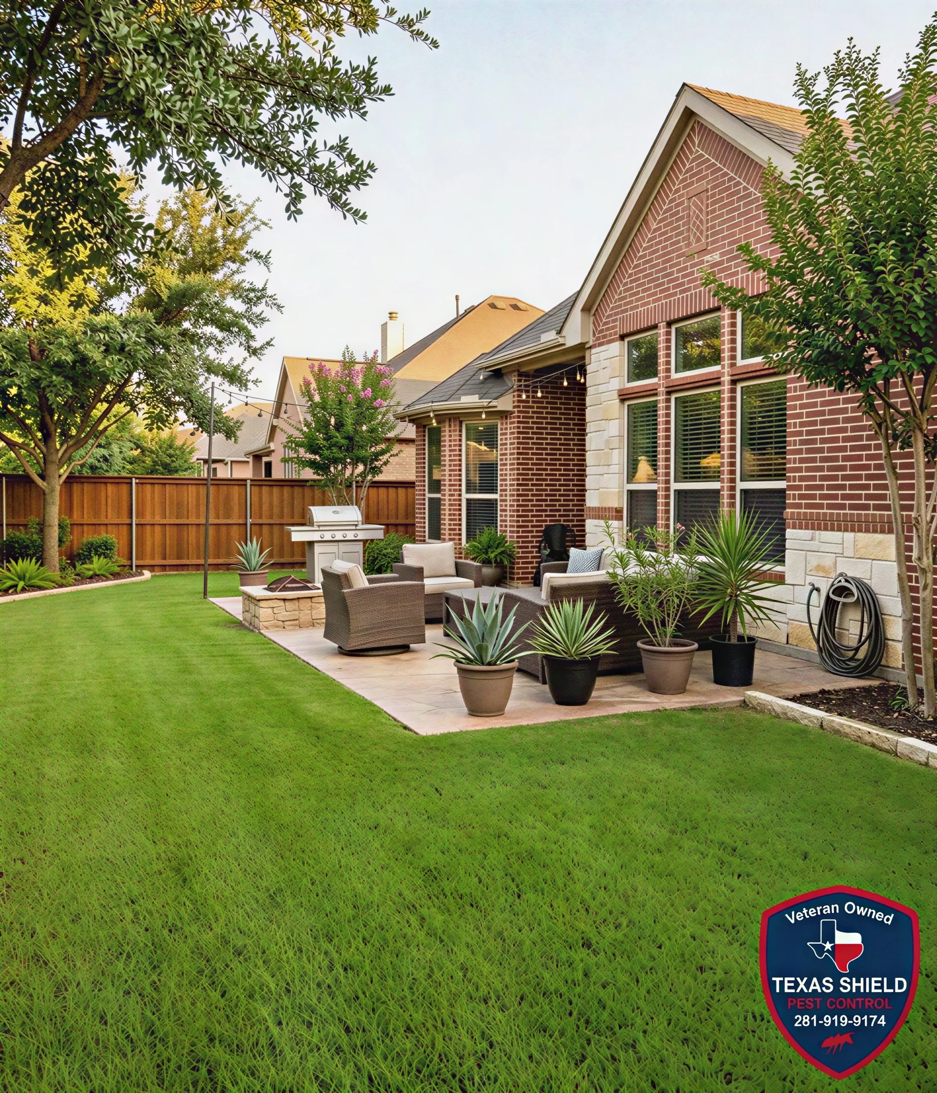 A backyard with a well-maintained grassy lawn, potted plants, a patio area with outdoor seating, string lights, a barbecue grill, and a wooden privacy fence. There are two trees and a house with brick and stone exterior walls in the background. A logo in the bottom right corner reads, "Veteran Owned Texas Shield Pest Control 281-919-9174."