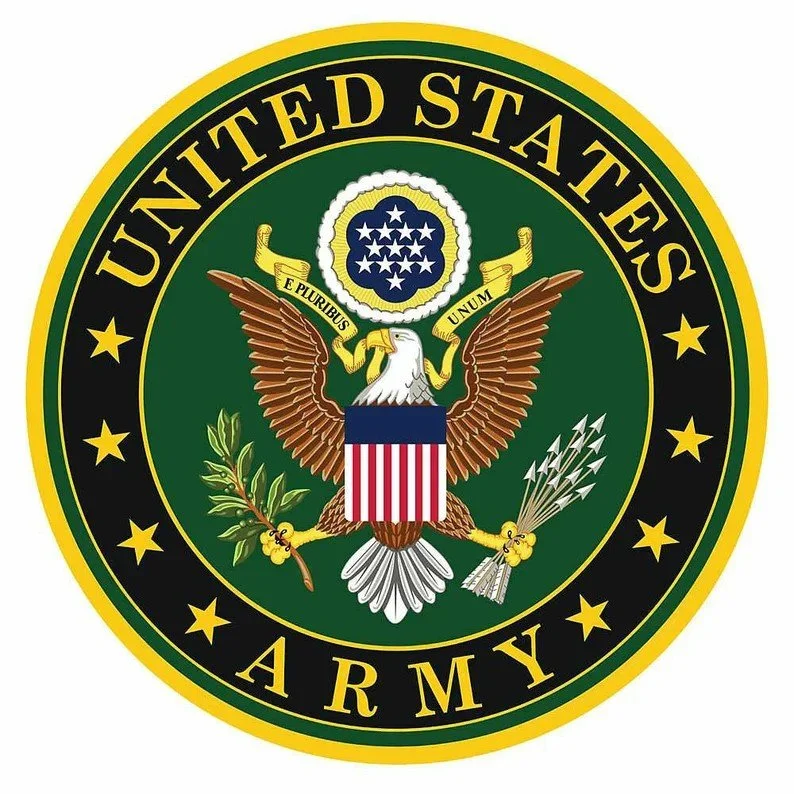 United States Army seal featuring an eagle with outstretched wings holding an olive branch and arrows, with a shield on its chest, encircled by the words "United States Army".