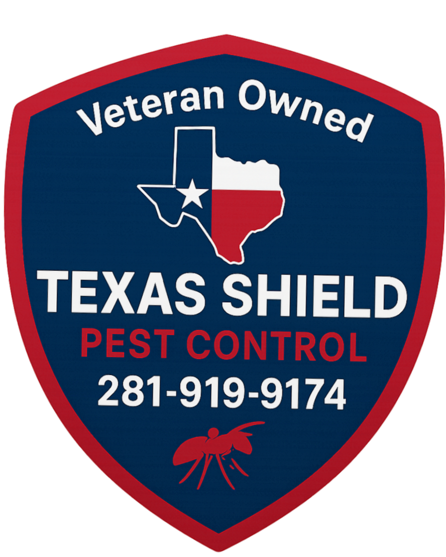 A shield-shaped sign indicating veteran-owned Texas Shield pest control with a Texas state outline, a phone number, and a mosquito icon.