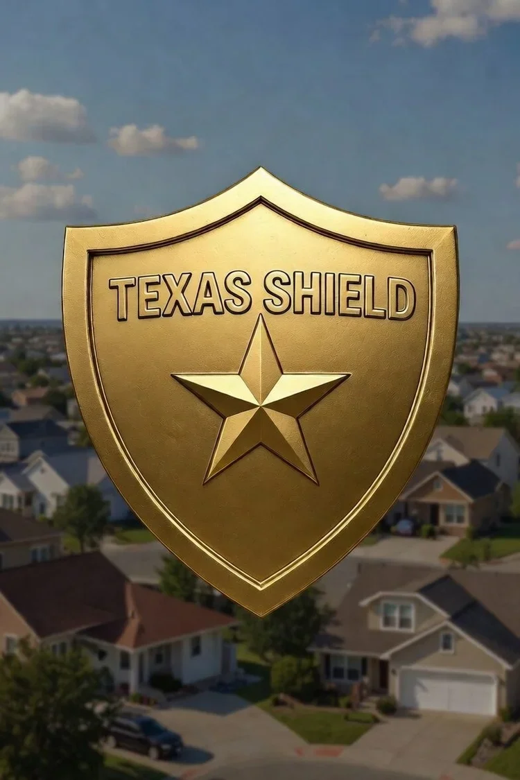 A gold shield-shaped emblem with the words 'TEXAS SHIELD' and a star in the center, against a background of suburban houses and a blue sky with clouds.