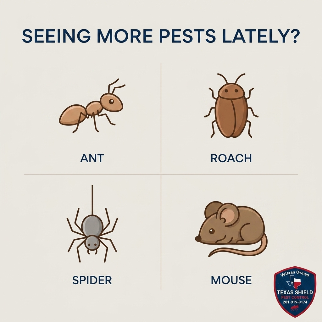 A chart titled 'Seeing More Pests Lately?' showing cartoon images of pests and their labels: ant, roach, spider, mouse. The chart is from Texas Shield Pest Control, a veteran-owned company.