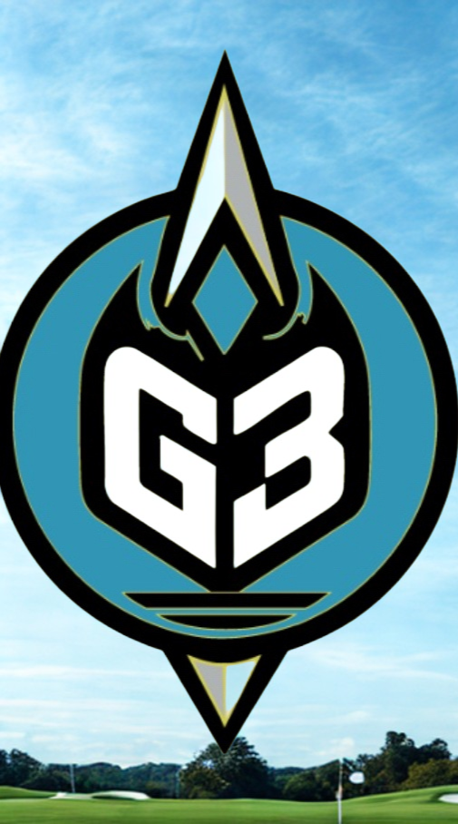 A logo with a blue circle, black outline, and white text 'G3' in the center, featuring a stylized arrow pointing upward at the top, set against a background of a golf course with grass, trees, and a cloudy sky.