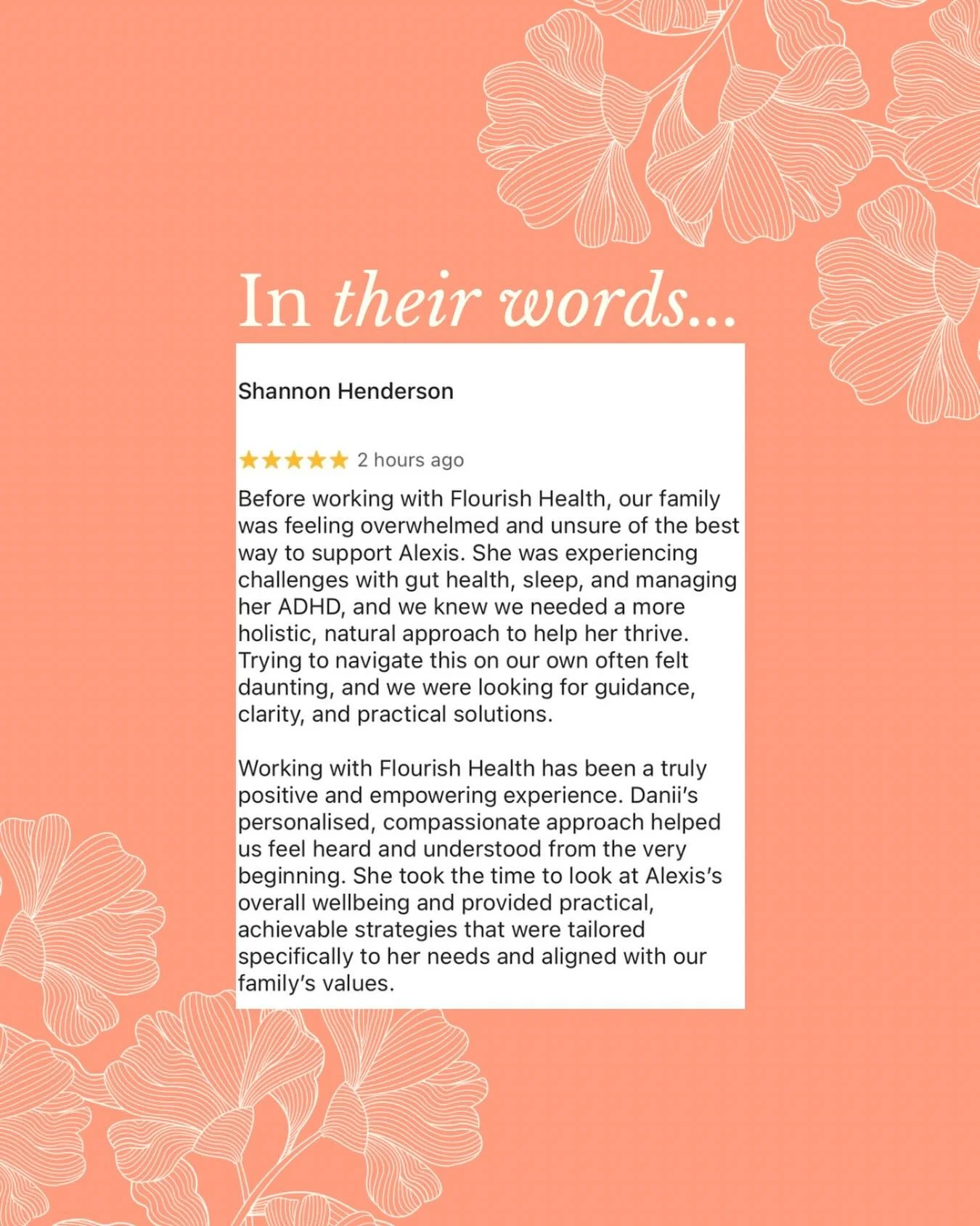 Thank you for sharing your experience with Flourish Health Shannon and family.

It's been an honour to support you, and celebrating you for all of the hard work you've put in and the incredible people you are.

I have a deep passion for supporting fa