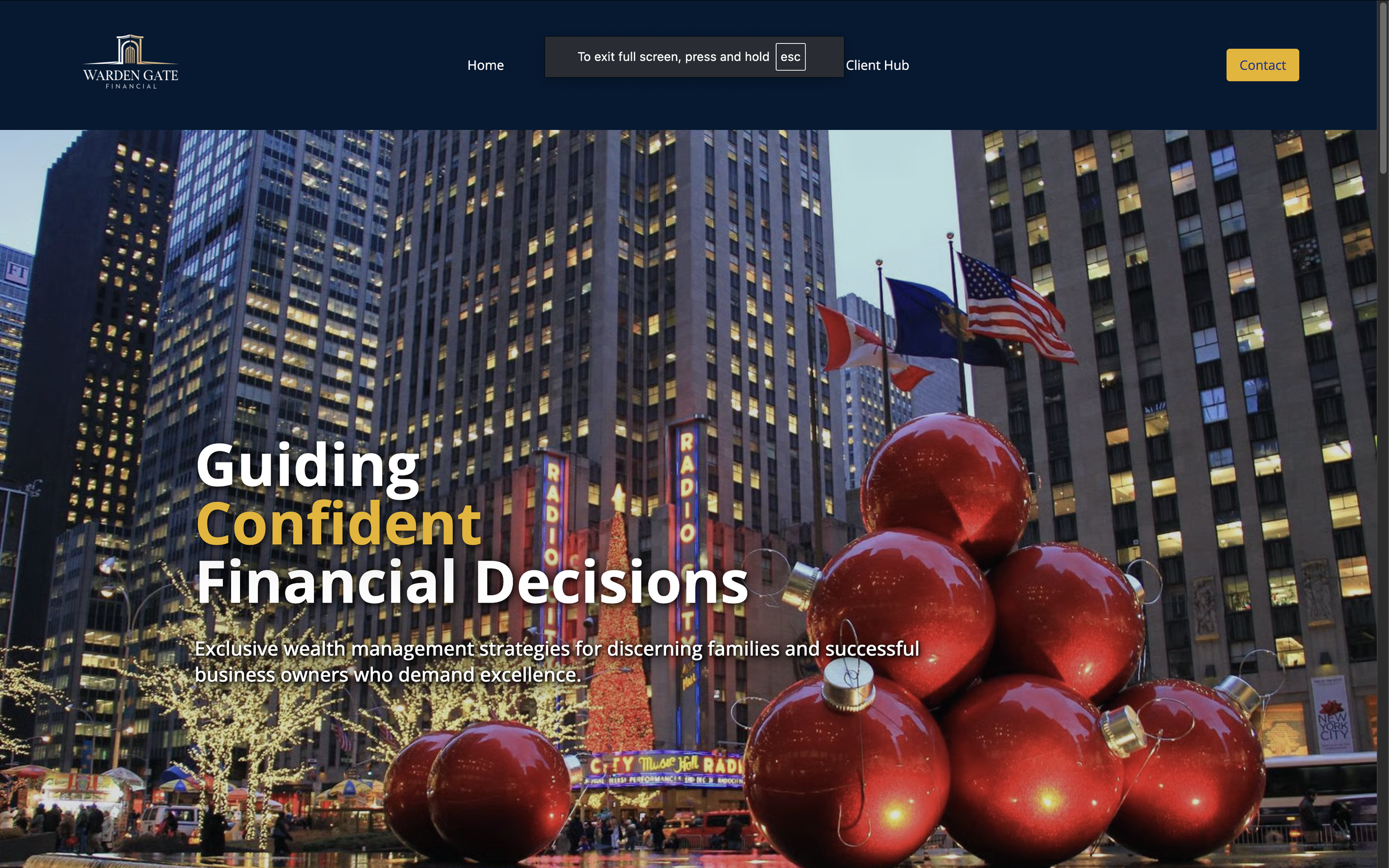 Website homepage for Warden Gate Financial featuring a young man in a suit smiling outdoors with skyscrapers in the background, and a plane parked nearby. Text promotes financial guidance and wealth management.