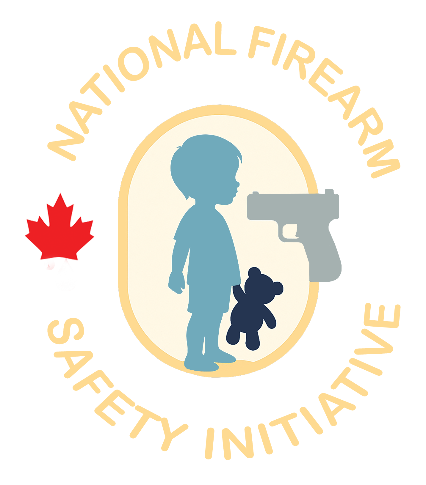 A child's silhouette in blue facing right with a teddy bear in one hand, picture of a toy gun being aimed at the child's head, and various safety symbols and text about children and gun safety.