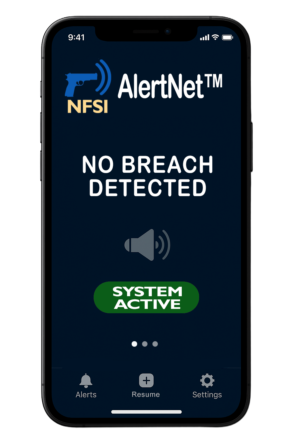 Mobile phone screen displaying the AlertNet app with a message 'No breach detected' and system status 'Active'.