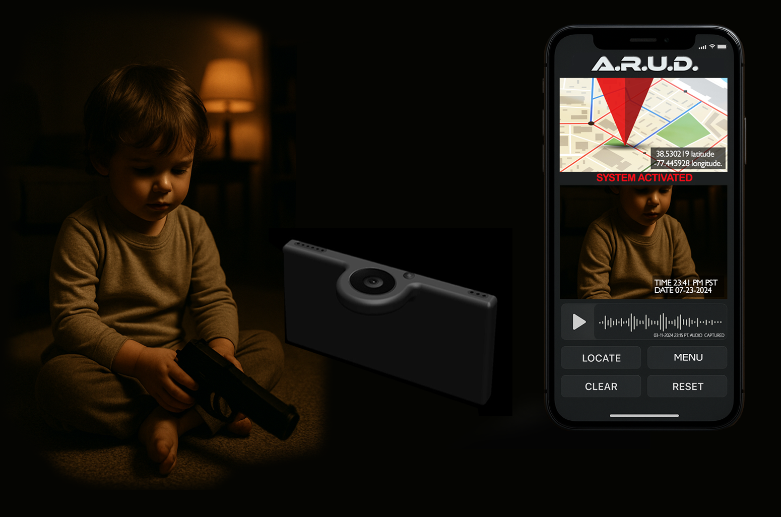 A young child sitting on the floor at night holding a gun-shaped remote control in a dimly lit room. There is a device nearby resembling a speaker or camera, and a smartphone screen displaying a GPS tracking app with a map, a child's photo, and audio controls.