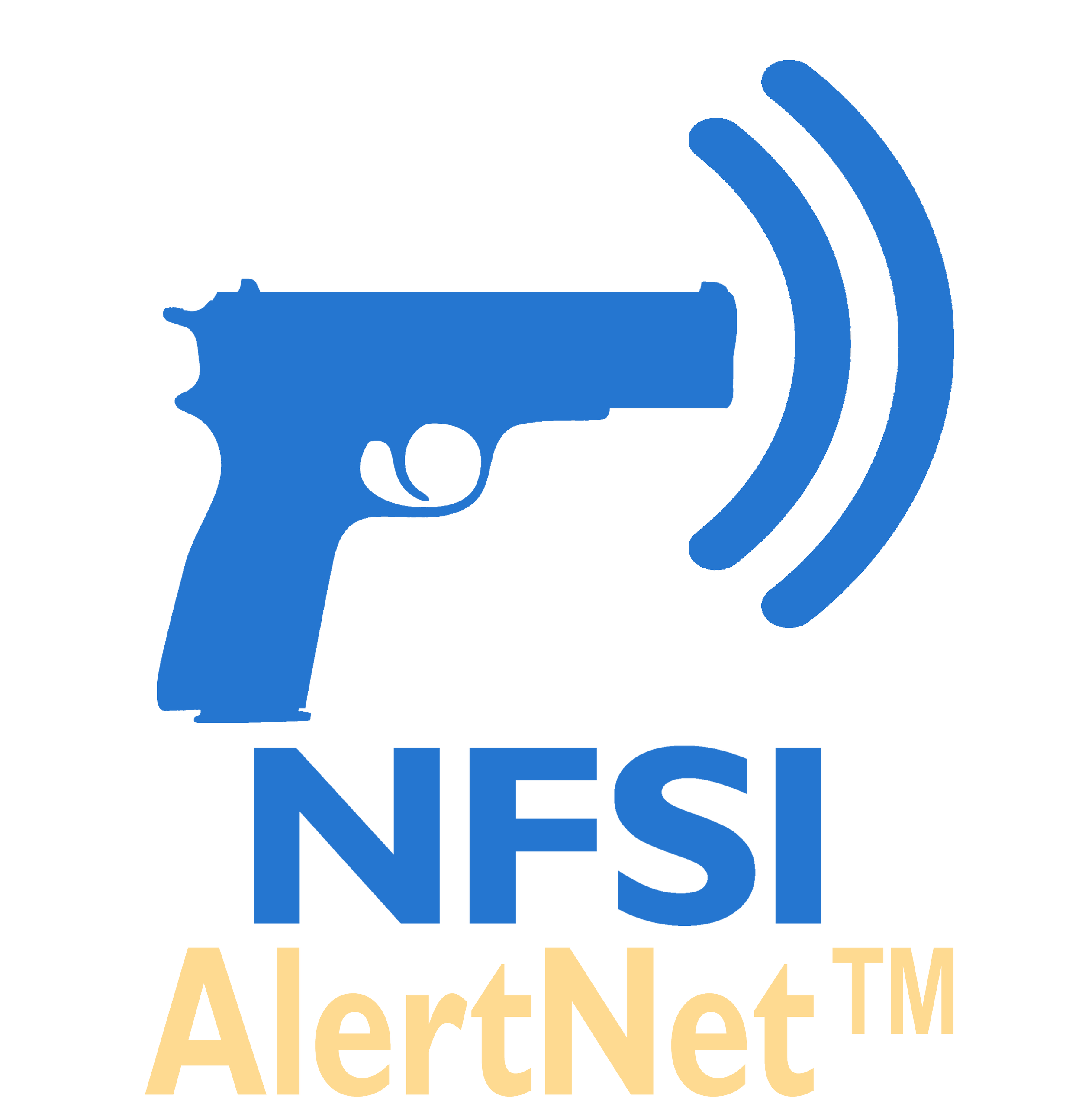 A logo featuring a blue silhouette of a handgun with sound waves emanating from the barrel, and the text 'NFSI AlertNetTM' beneath it.