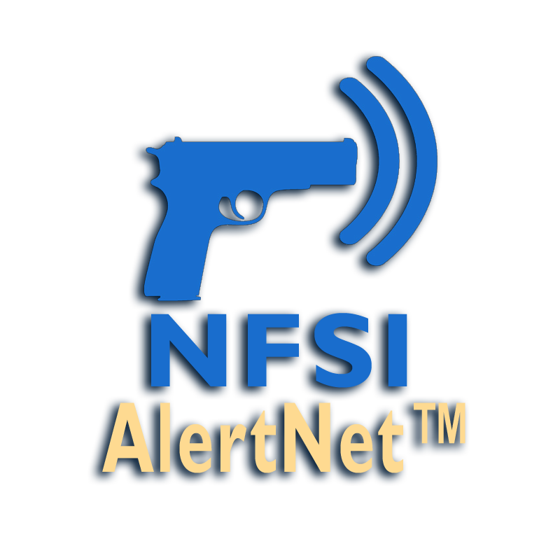 Logo featuring a blue handgun with signal waves and the text 'NFSI AlertNet' in blue and beige.